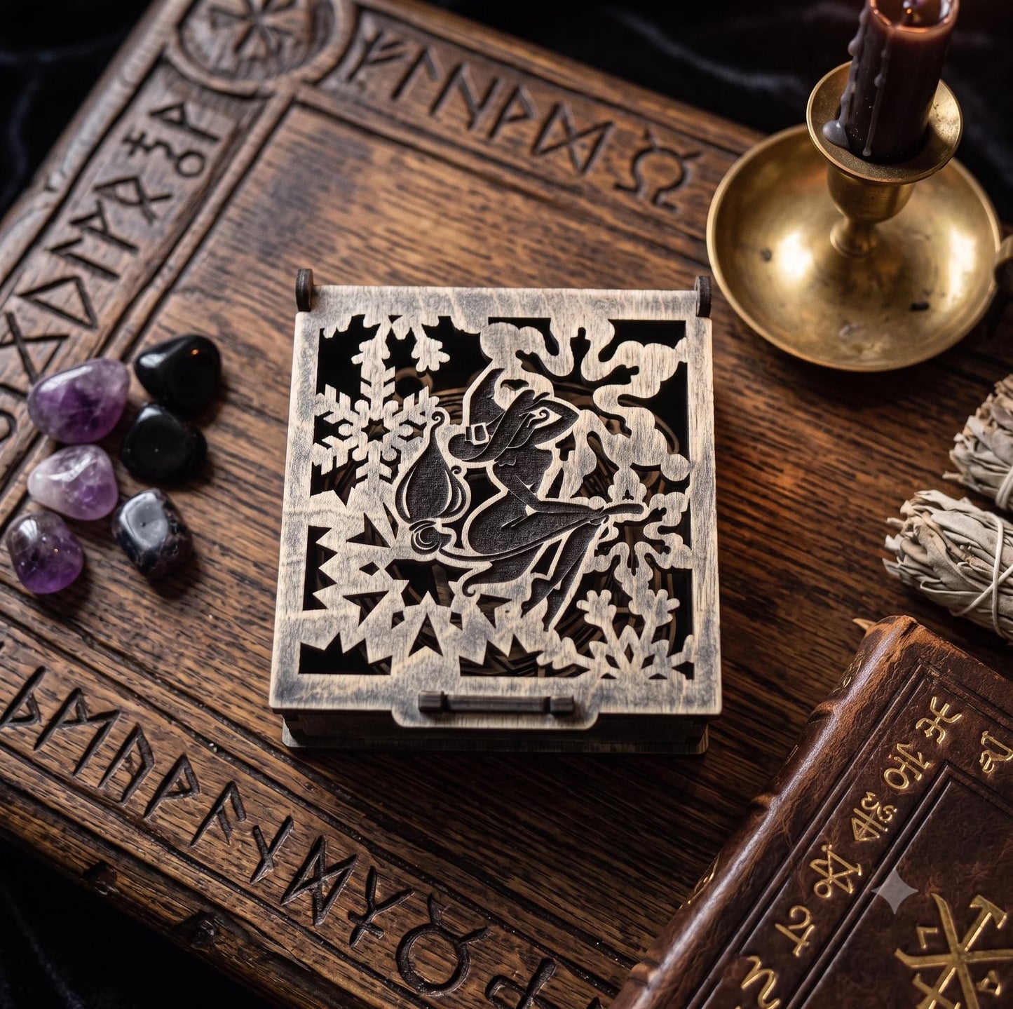 Seven Witch Ornaments in Dark Oak Gift Box for Wicca Sabbat Decor