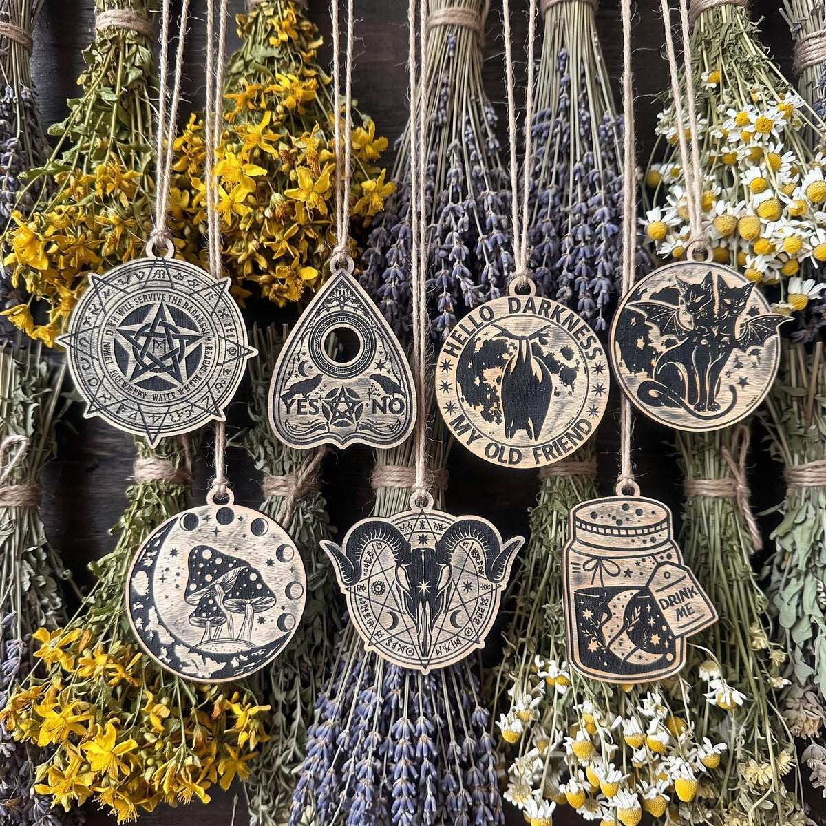 Personalized Wicca Ornament Set, 7 Wooden Witch Symbols in Old Oak Gift Box