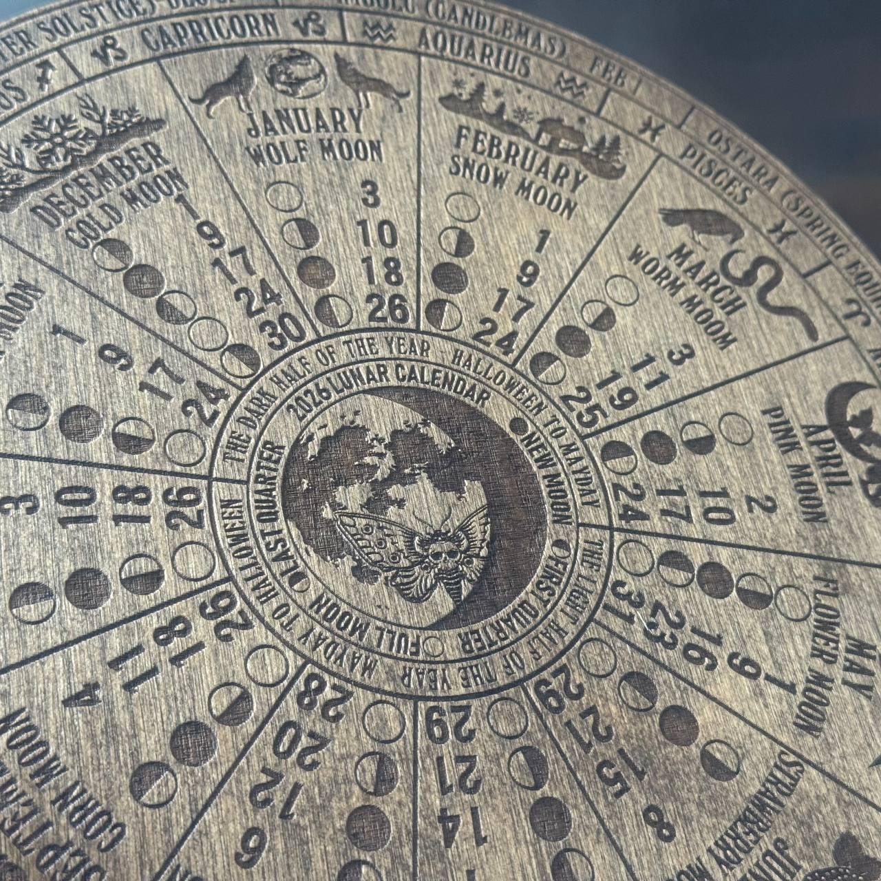 2026 Lunar Calendar Wooden Wall Art, Moon Phase Zodiac Decor for Astrology Lovers