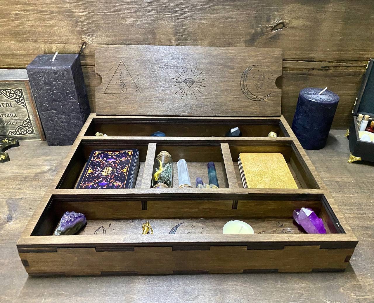 Engraved Wooden Tarot Box: Wiccan Crystal Storage, Personalized Witch Decor