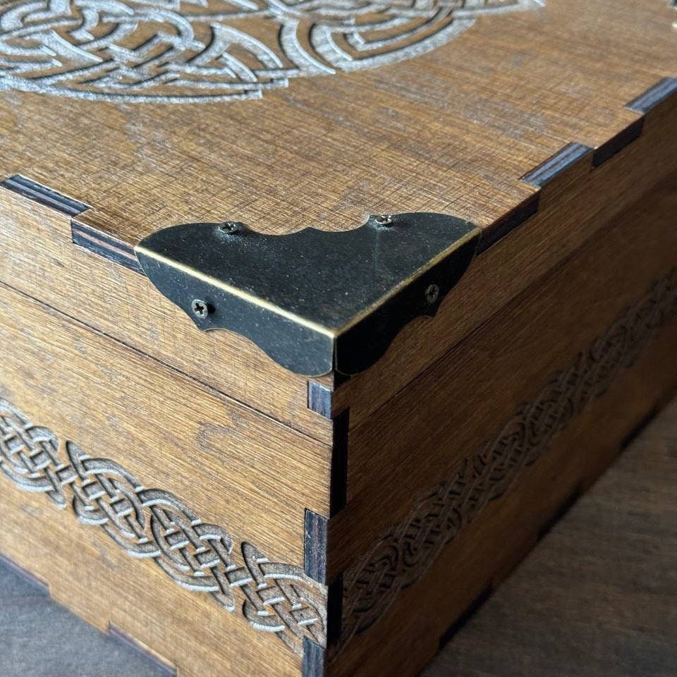Wooden Storage Box | Viking Keepsake Chest with Celtic Symbol - Rustic Pagan Decor