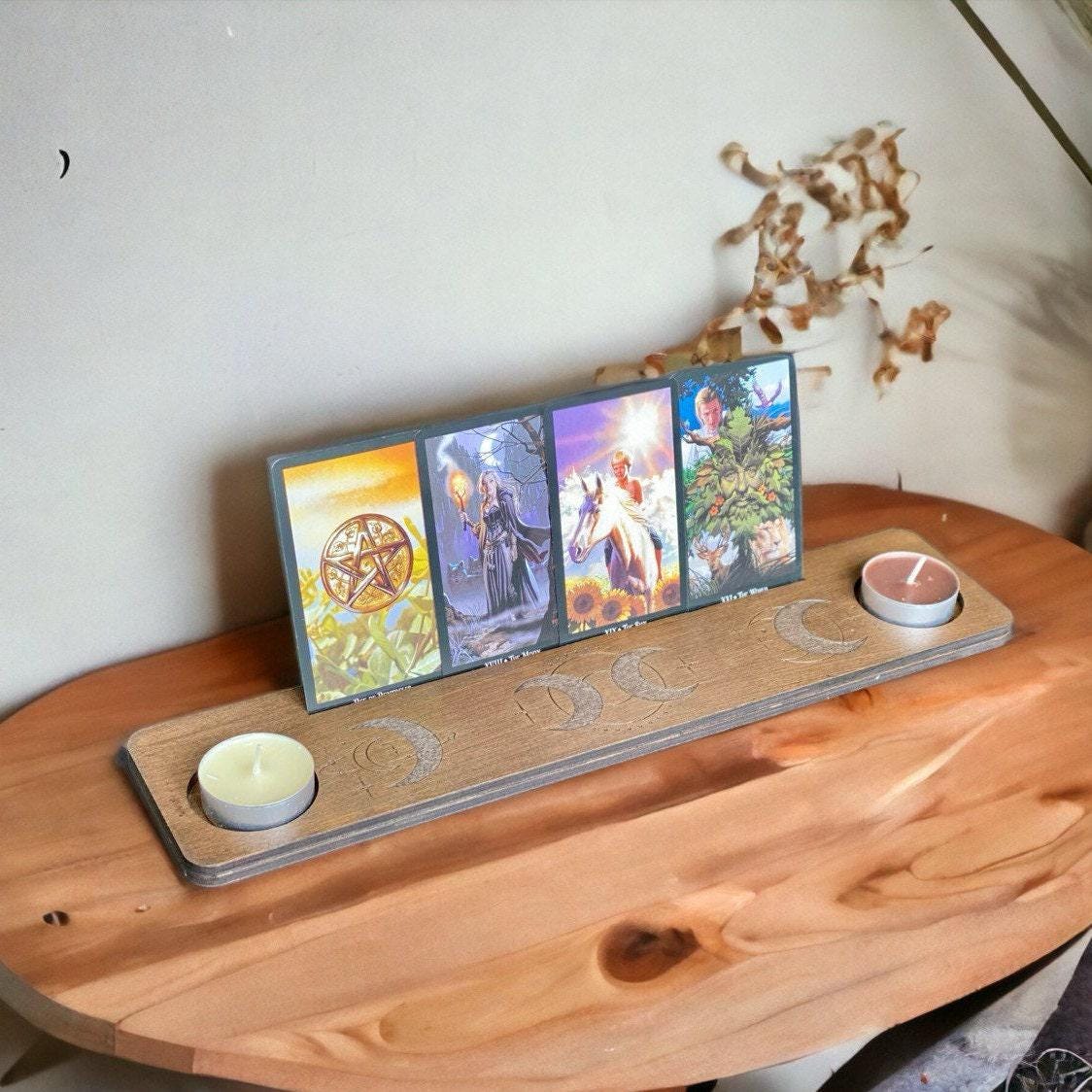 Personalized Moon Tarot Card Holder with Candle Stands, Wooden Altar Display