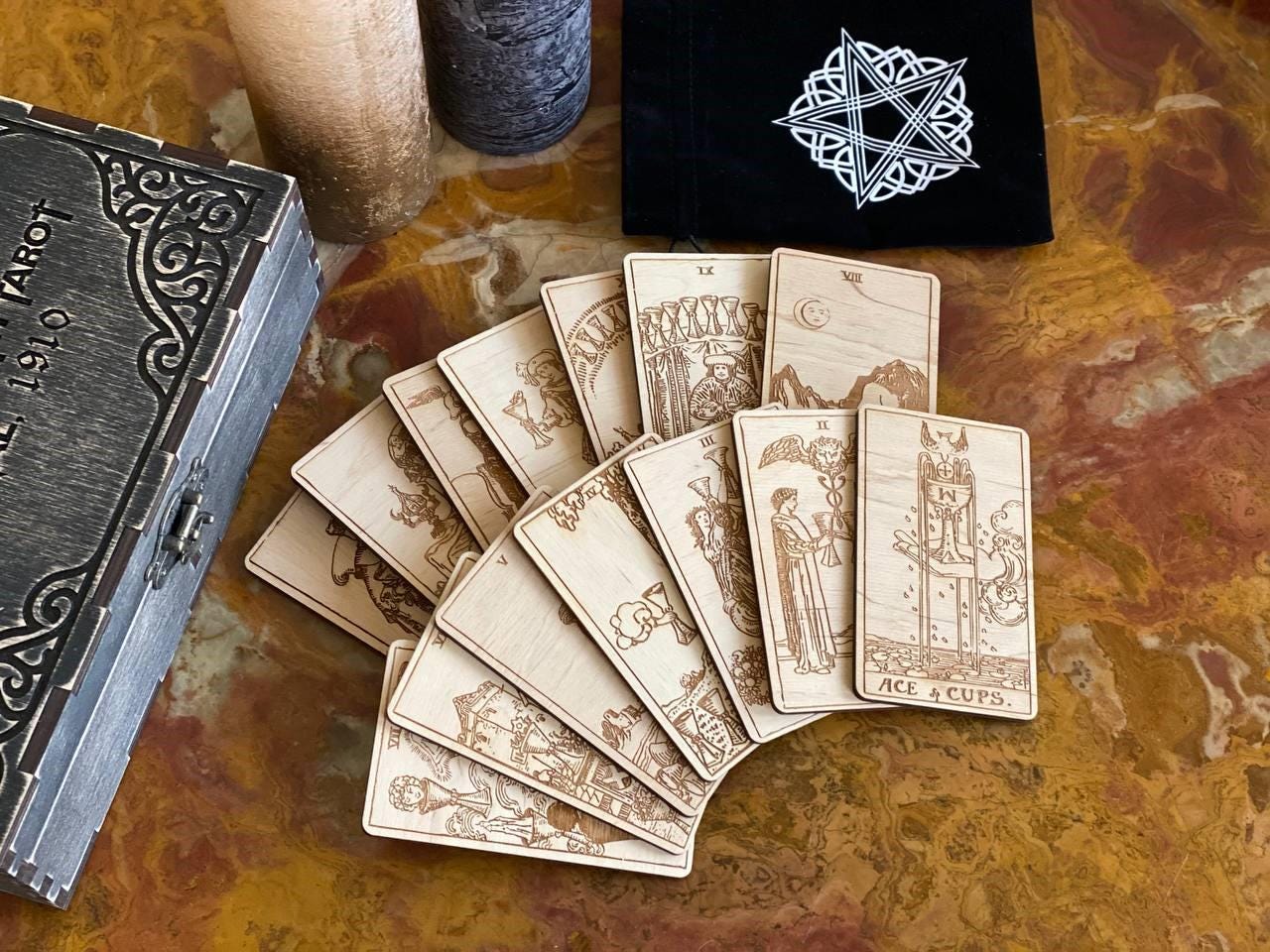 Wooden Tarot Cards Cups Suit Rider–Waite–Smith Engraved Deck Water Element