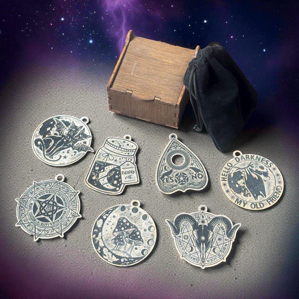Personalized Wicca Ornament Gift Box, 7 Wooden Sabbat Charms in 4 Colors