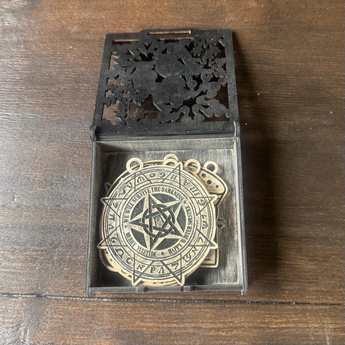 Seven Witch Ornaments in Dark Oak Gift Box for Wicca Sabbat Decor