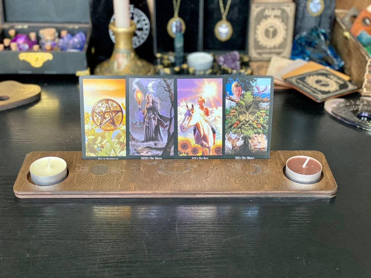 Sun and Moon Tarot Card Holder, Engraved Wooden Altar Stand