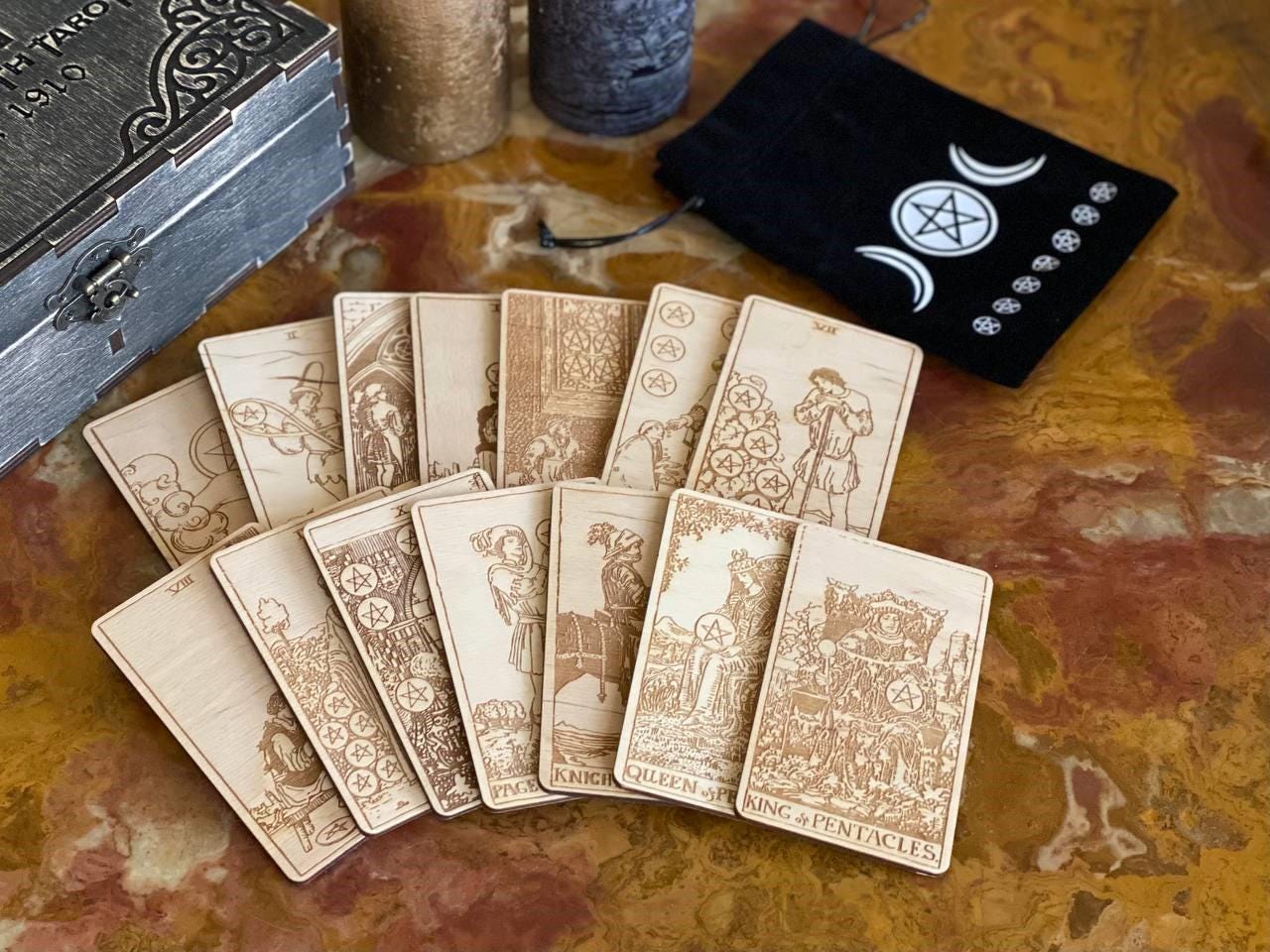 Wooden Tarot Cards Pentacles Suit Rider–Waite–Smith Engraved Deck Earth Element