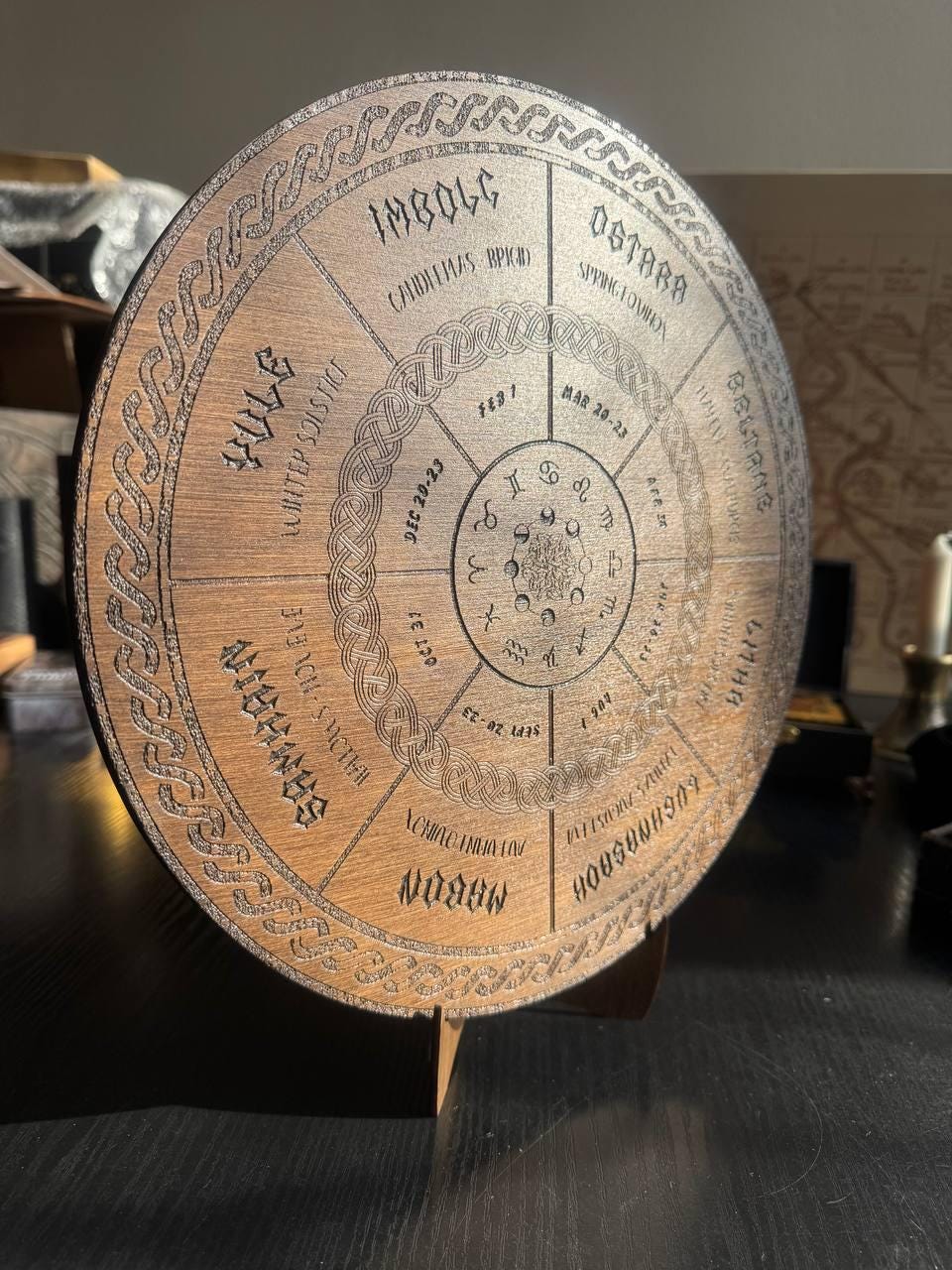 Wooden Wheel of Life Calendar, Celtic Tree Zodiac Engraved Disc, Wiccan Altar Decor