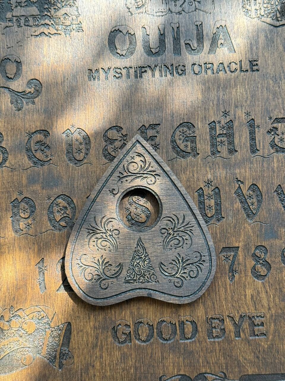 Rosewood Ouija Planchette: Christmas Tree Engraved, Occult Decor