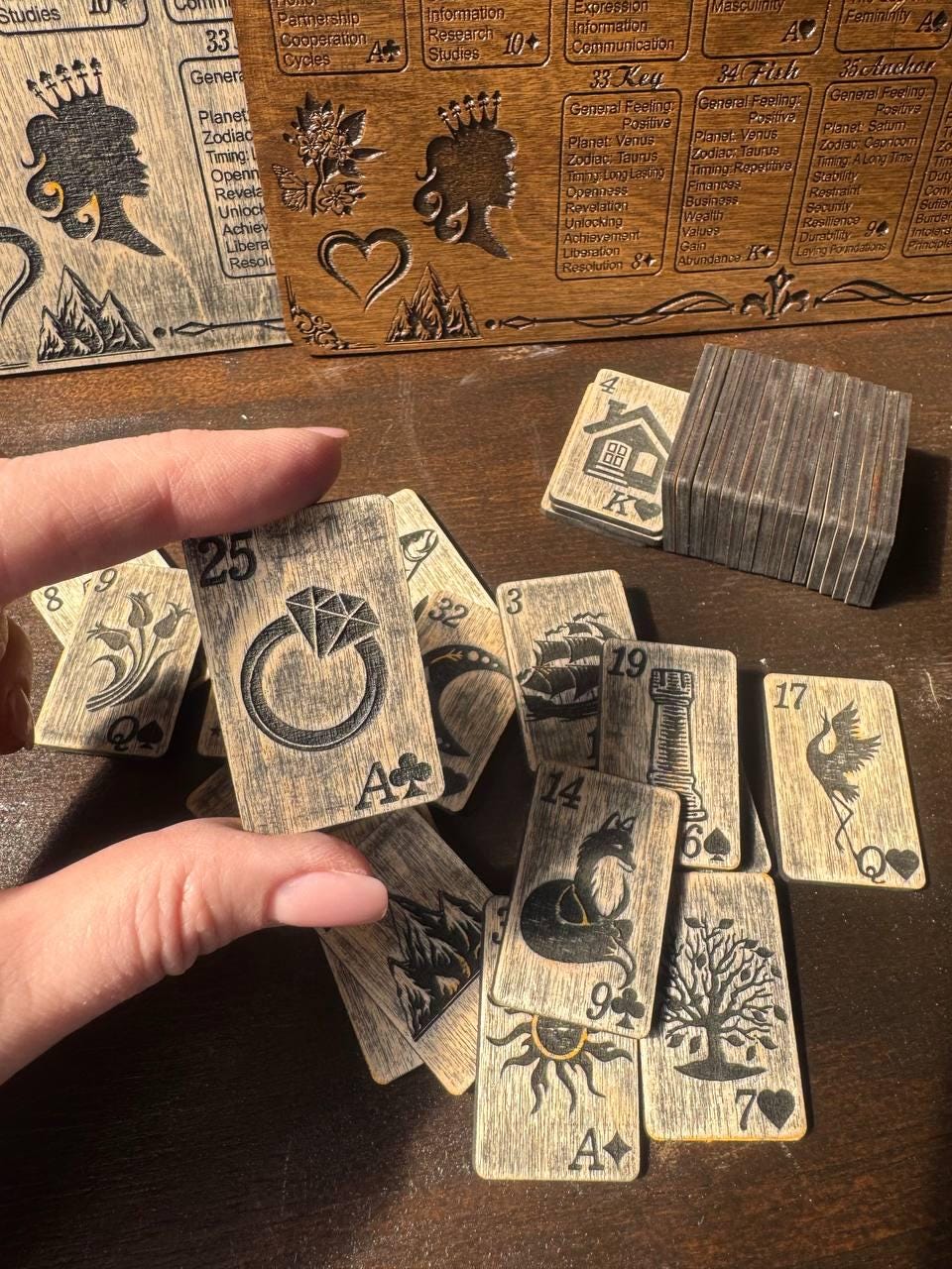 Lenormand Oracle Cards Wooden Divination Deck, Fortune Telling Cards, Gothic Oracle Set