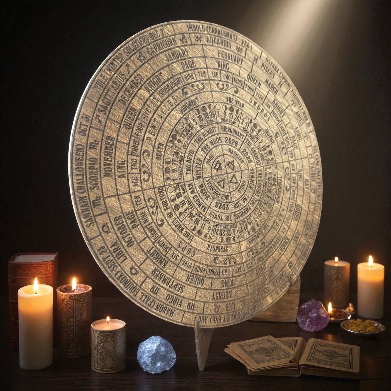 2026 Lunar Calendar Wooden Moon Wheel – Witch Altar Decor, Full Moon Phases Chart