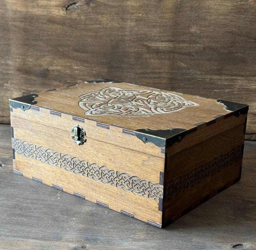 Celtic Wooden Storage Box with Engraving, Viking Style Jewelry Box, Medieval Keepsake Chest