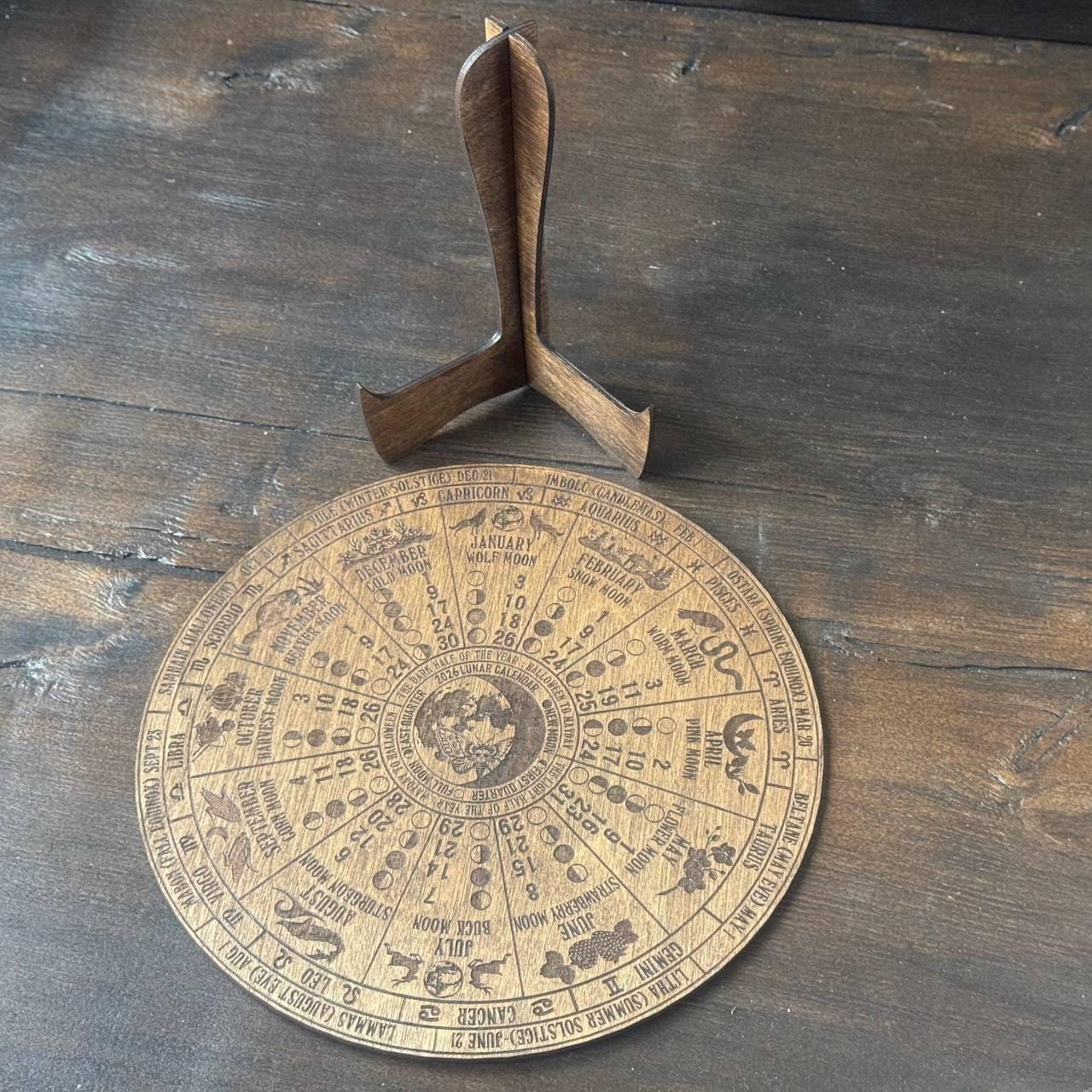 2026 Wooden Lunar Calendar, Moon Phase and Zodiac Wheel Wall Art
