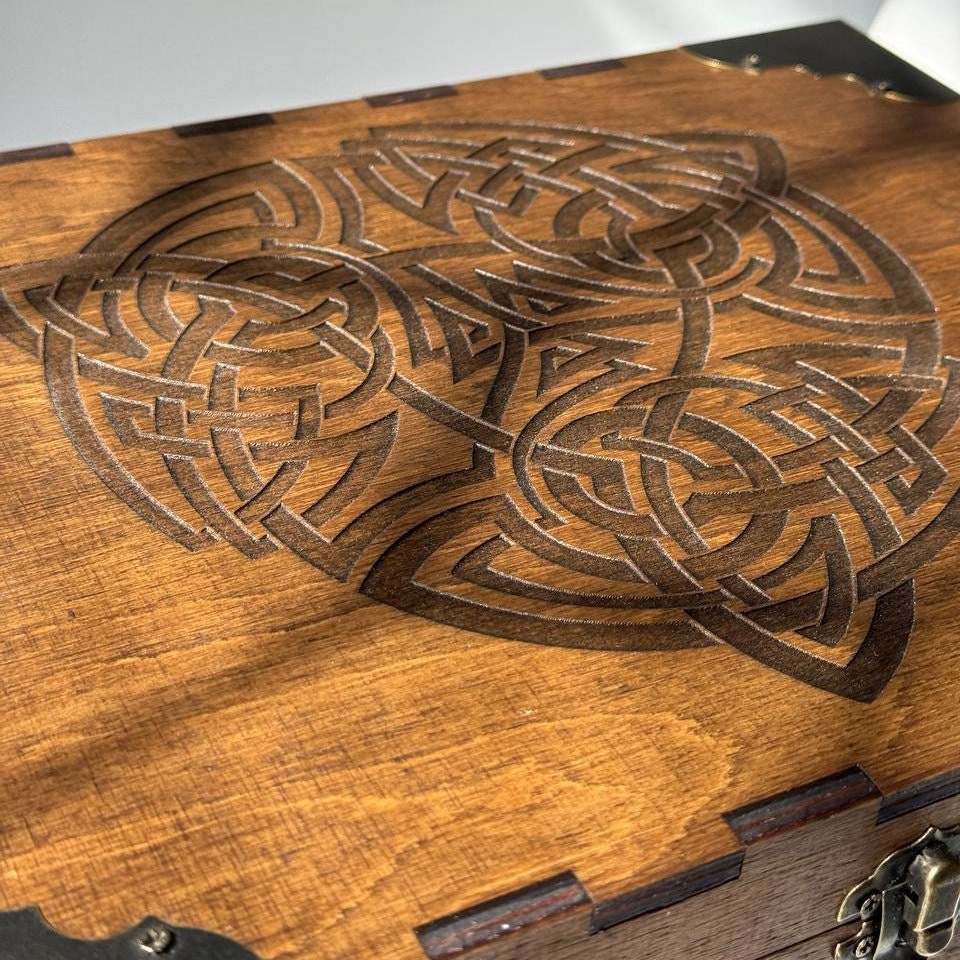 Wooden Storage Box | Viking Keepsake Chest with Celtic Symbol - Rustic Pagan Decor