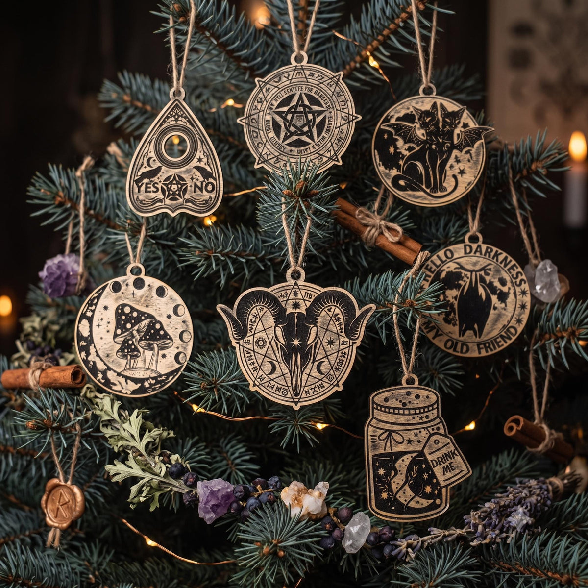 Personalized Wicca Ornament Set, 7 Wooden Witch Symbols in Old Oak Gift Box