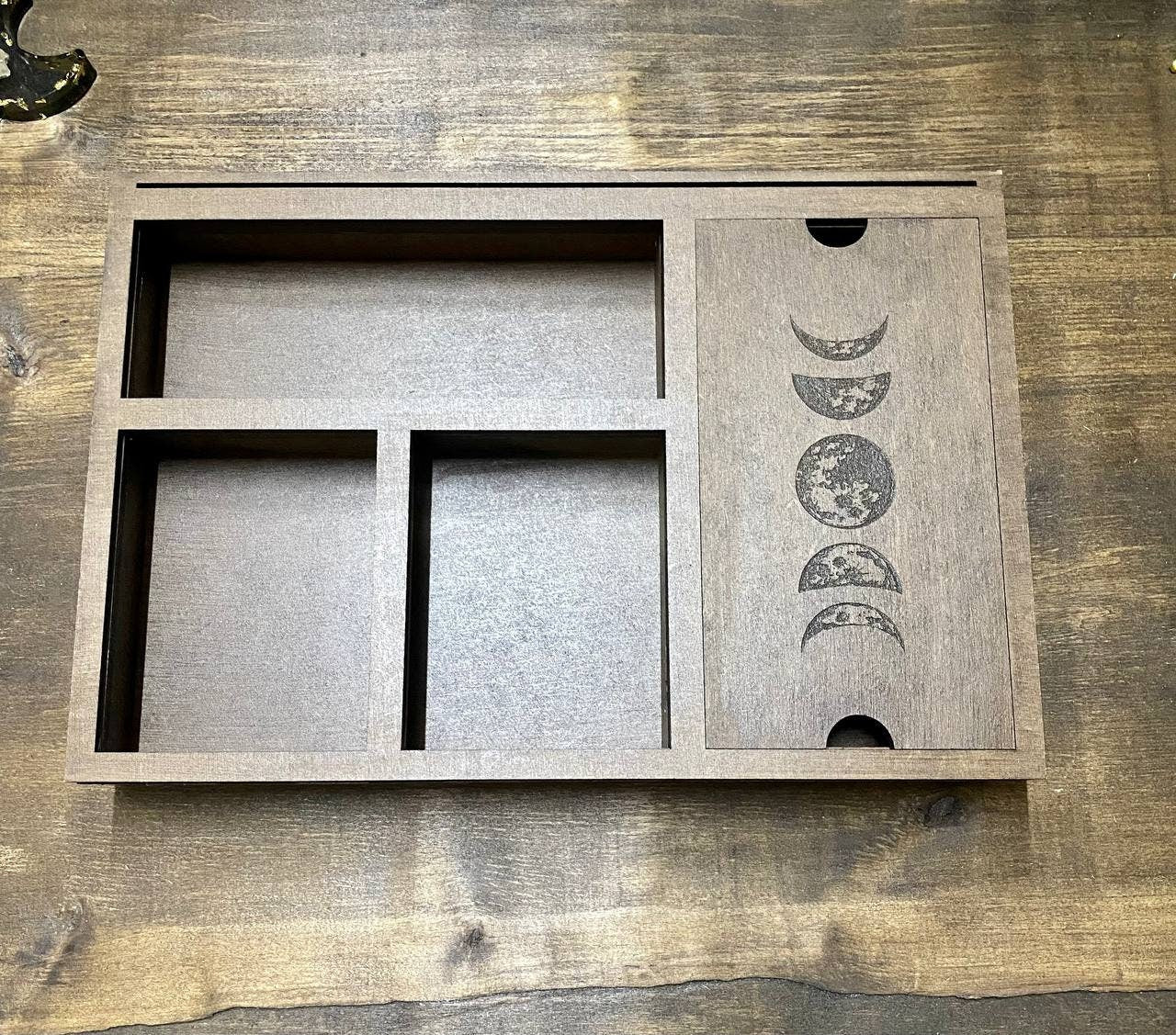 Moon Phase Tarot Box, Wooden Organizer for Cards, Witch Altar Storage Case, Crystal Divider Box