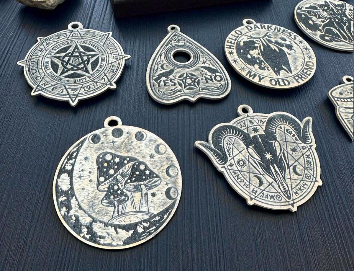 Seven Witch Ornaments in Dark Oak Gift Box for Wicca Sabbat Decor