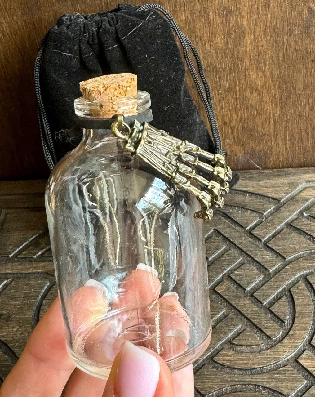 Personalized 60 ml Potion Bottle with Silver Skeleton Hand, Gothic Witch Decor