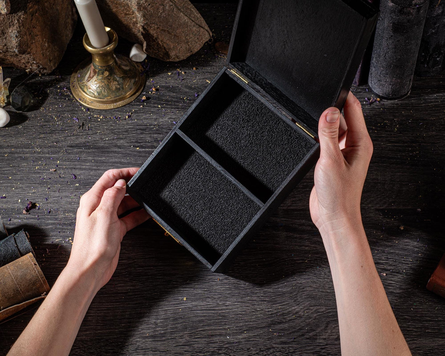 Personalized Gold & Black Wooden Tarot Card Box: Witch Altar Decor