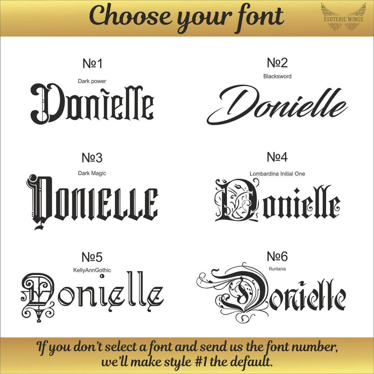 a selection of different font styles for the name "Donielle". There are six different font styles, each with a unique design and appearance. The font styles include Gothic, Dark Magic, Lumbardina Initial One, and other variations. The image does not contain any text that would allow for a detailed description of each font style.