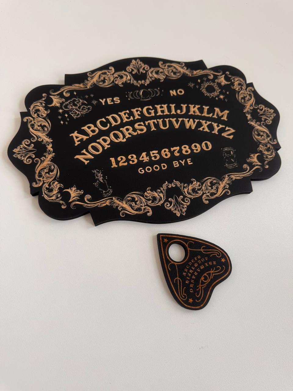 Ouija board, black wood, spirit board with planchette, gothic divination decor