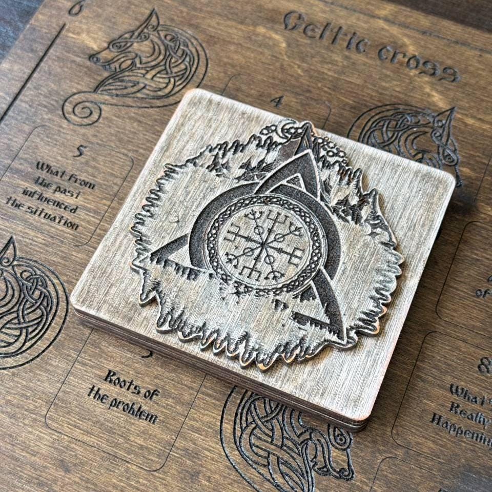 Mini Norse Runes Set with Celtic Cross Board, Wooden Divination Kit, Elder Futhark Runes
