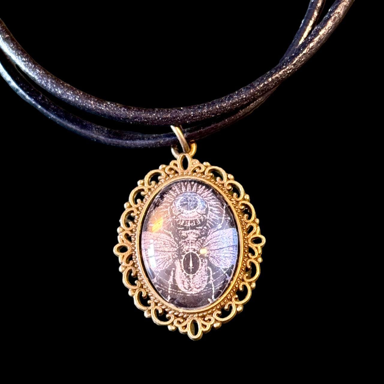 Scarab Beetle Necklace, Egyptian Pendant, Gothic Insect Jewelry, Oval Amulet