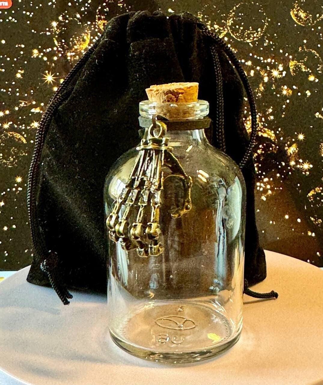 Personalized 60 ml Potion Bottle with Silver Skeleton Hand, Gothic Witch Decor