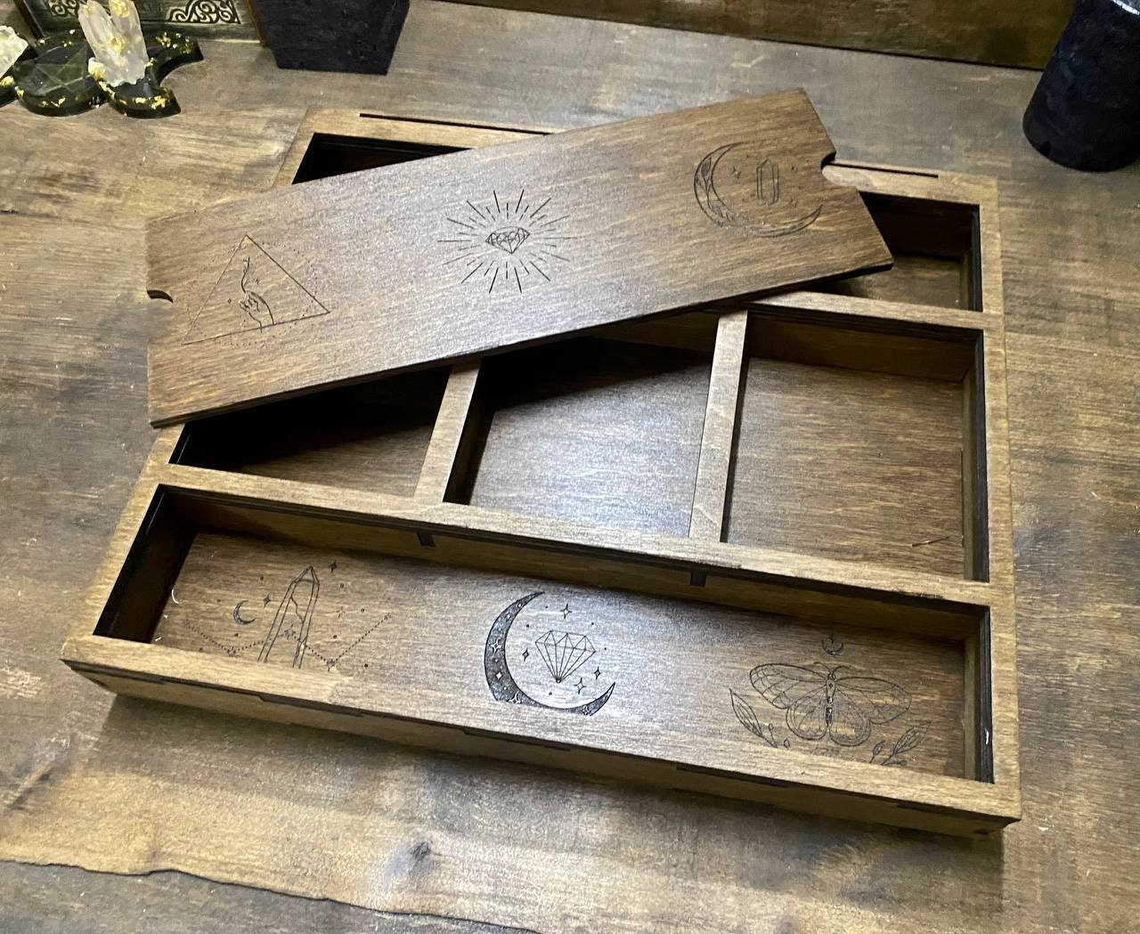 Engraved Wooden Tarot Box: Wiccan Crystal Storage, Personalized Witch Decor