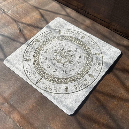 Wiccan Calendar Felt Altar Mat, Zodiac Circle Divination and Pagan Ritual Pad
