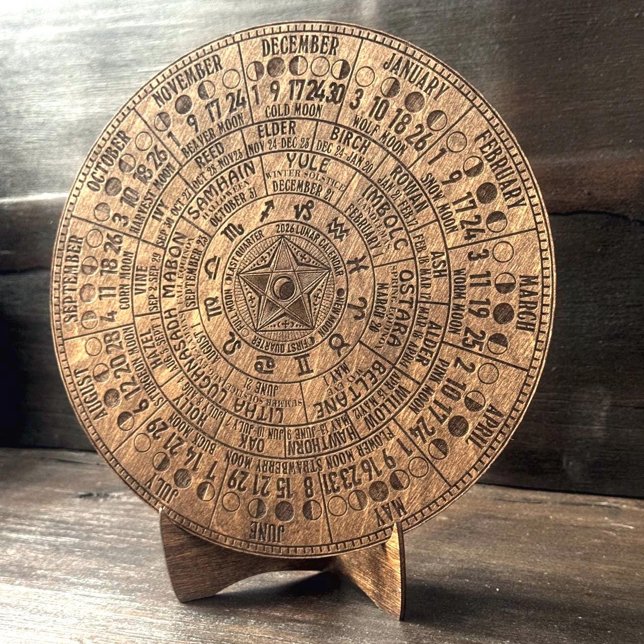 2026 Lunar Calendar with Pentagram – Wiccan Moon Phase Wheel on Walnut Wood with Stand