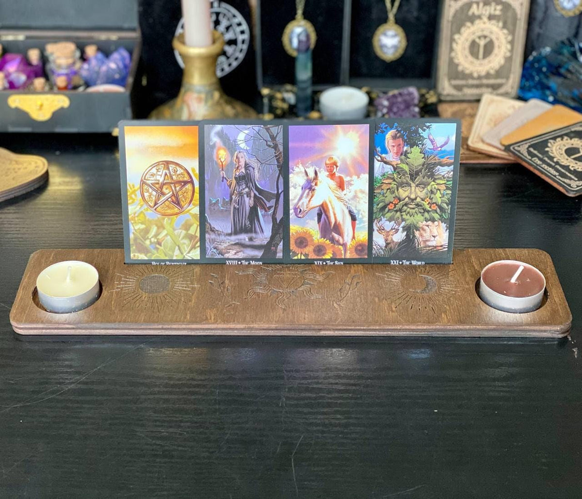 Sun and Moon Tarot Card Holder, Engraved Wooden Altar Stand