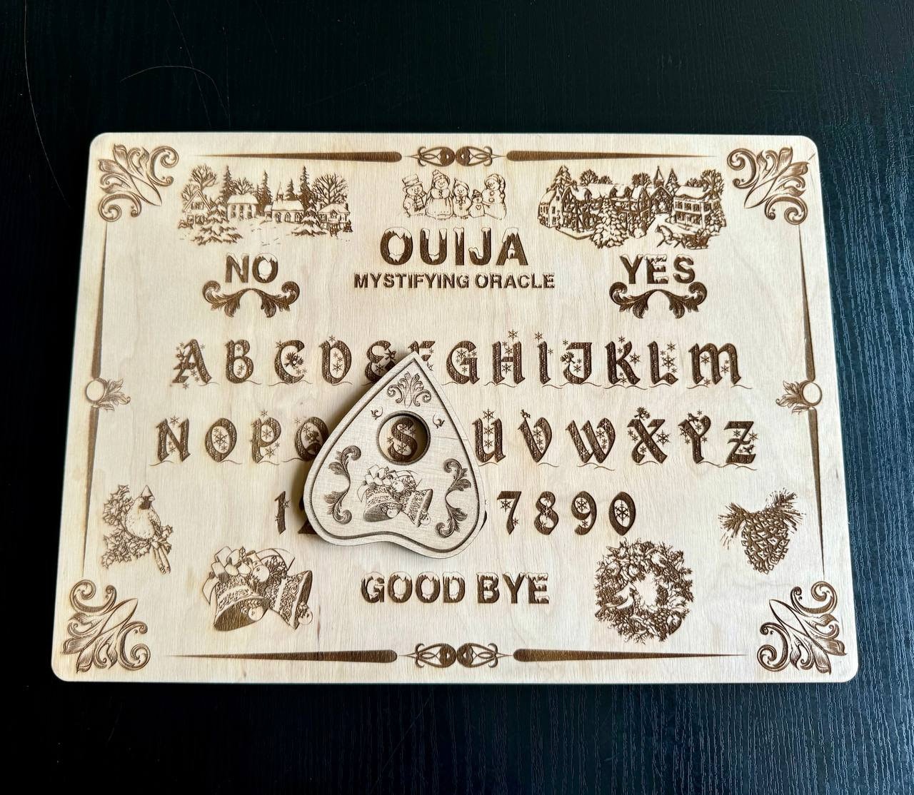Christmas Wooden Ouija Board with Planchette, Engraved Holiday Spirit Board Décor