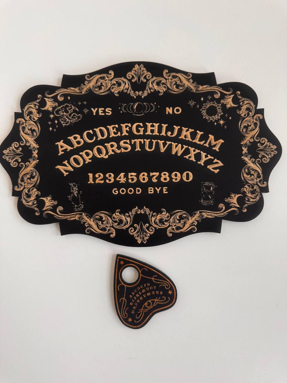 Ouija board, black wood, spirit board with planchette, gothic divination decor