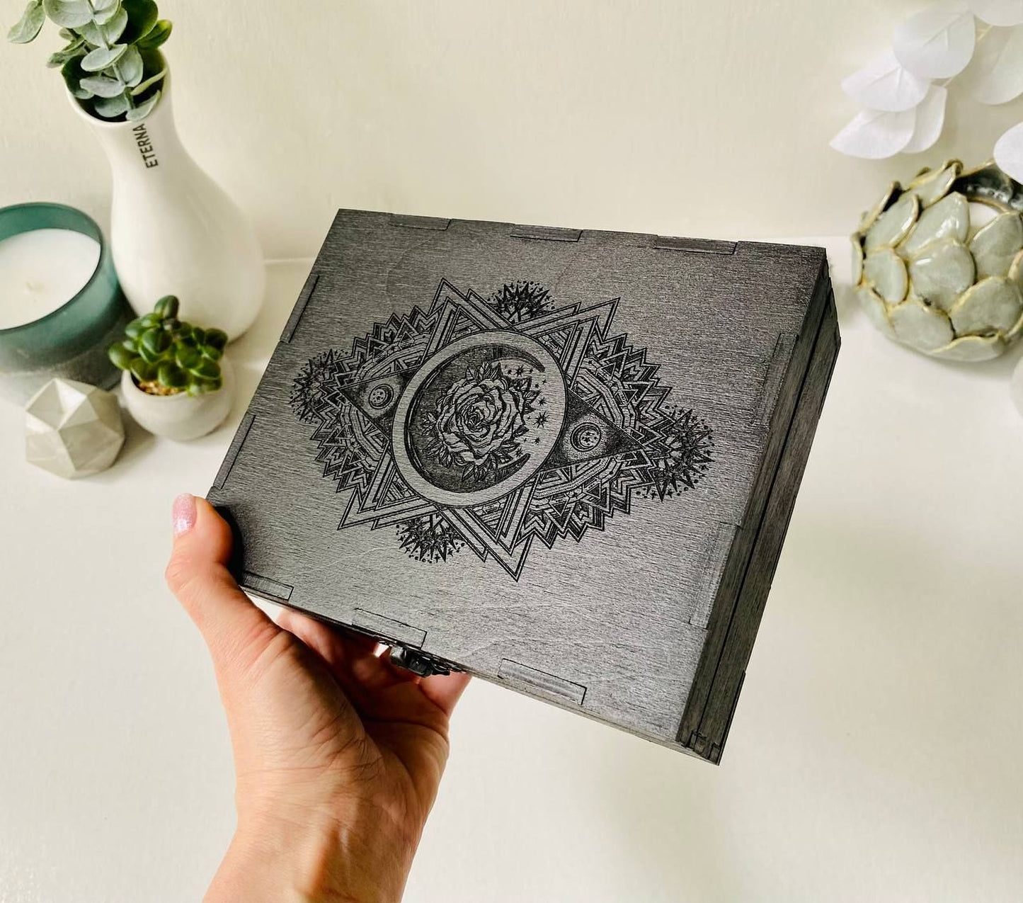 Black wooden tarot storage case for spiritual tools