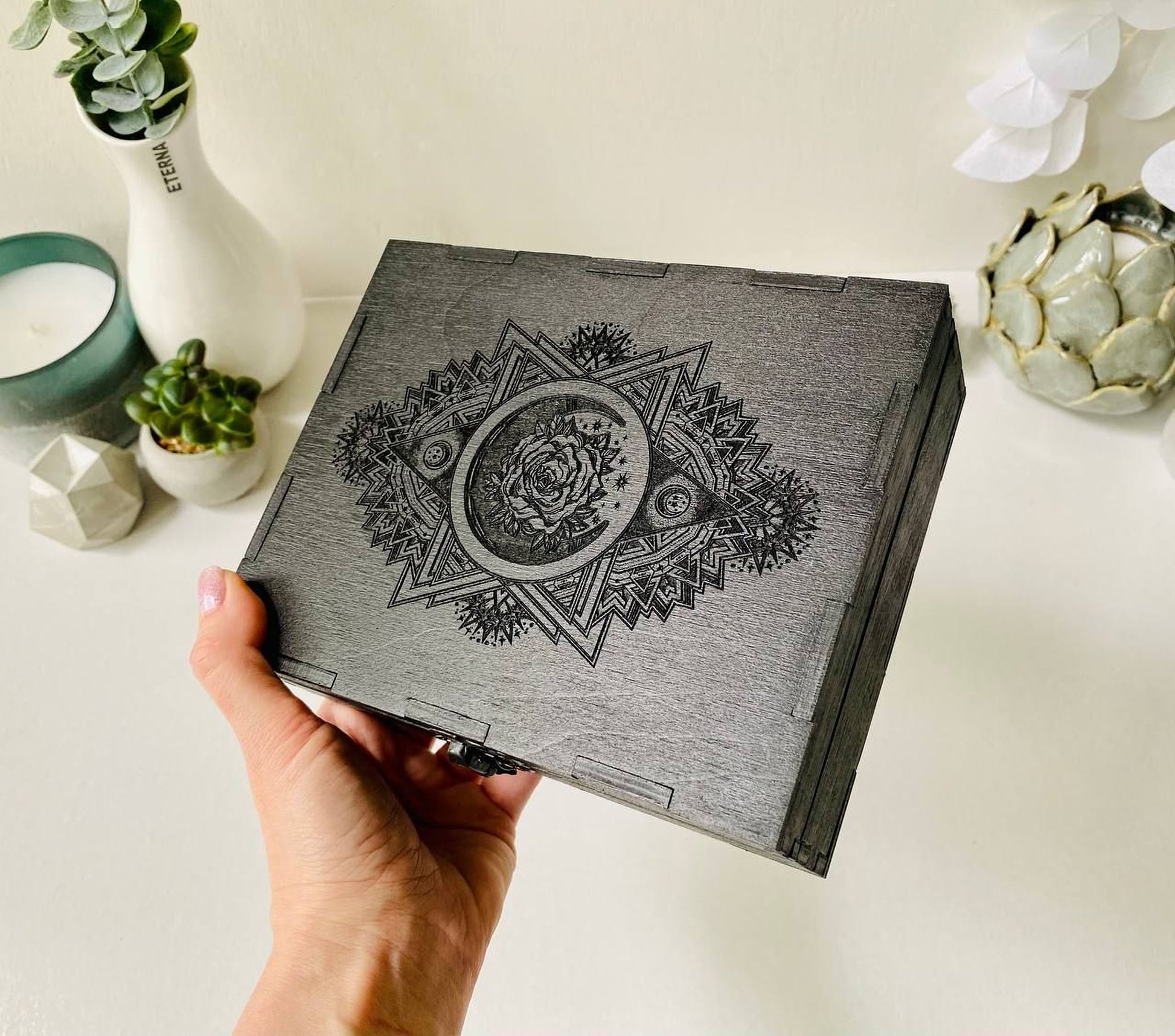 Black wooden tarot storage case for spiritual tools