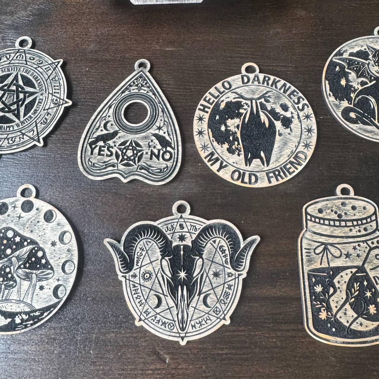 Seven Witch Ornaments in Dark Oak Gift Box for Wicca Sabbat Decor