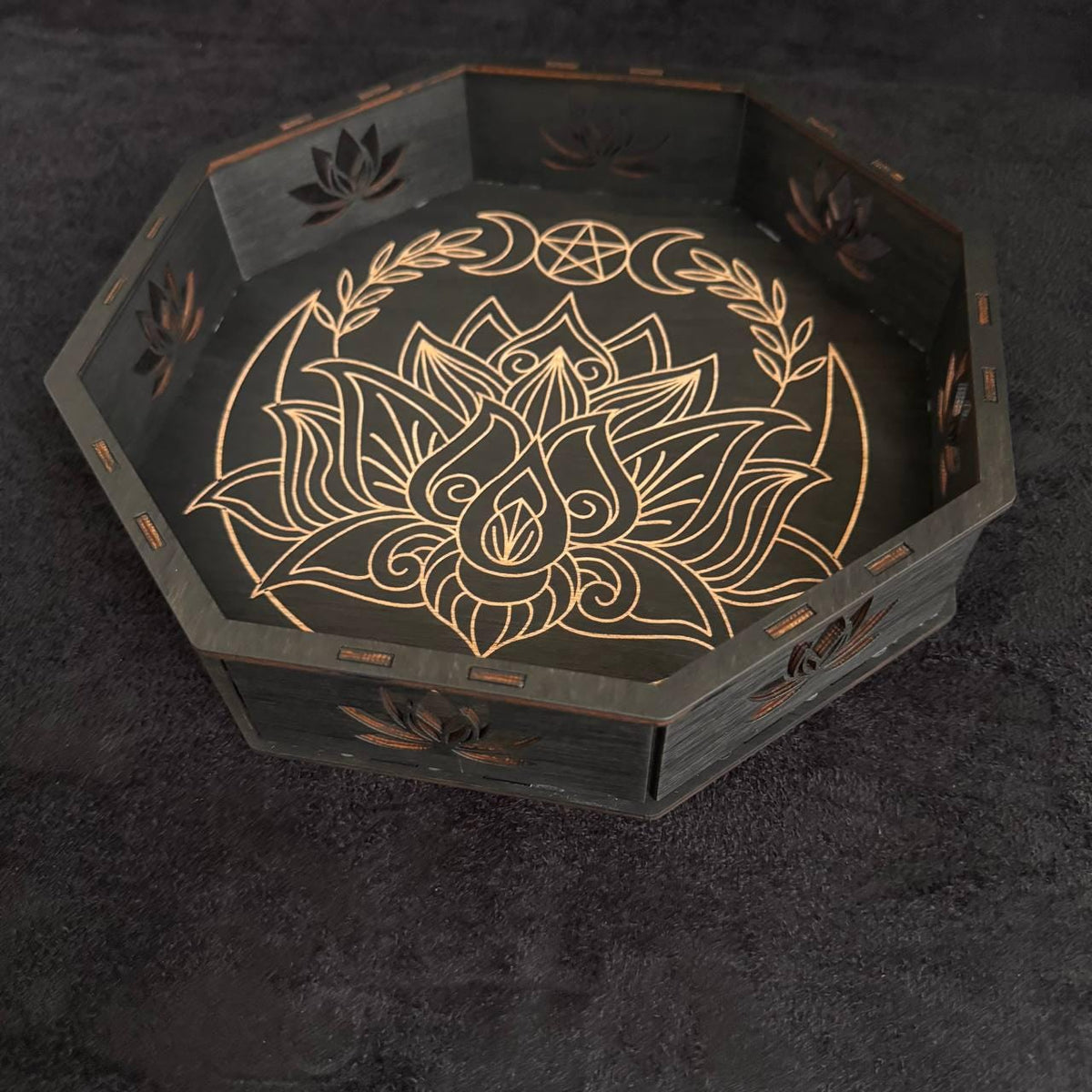 Personalized Lotus Altar Tray, 11 Inch Wenge Tarot & Crystal Display
