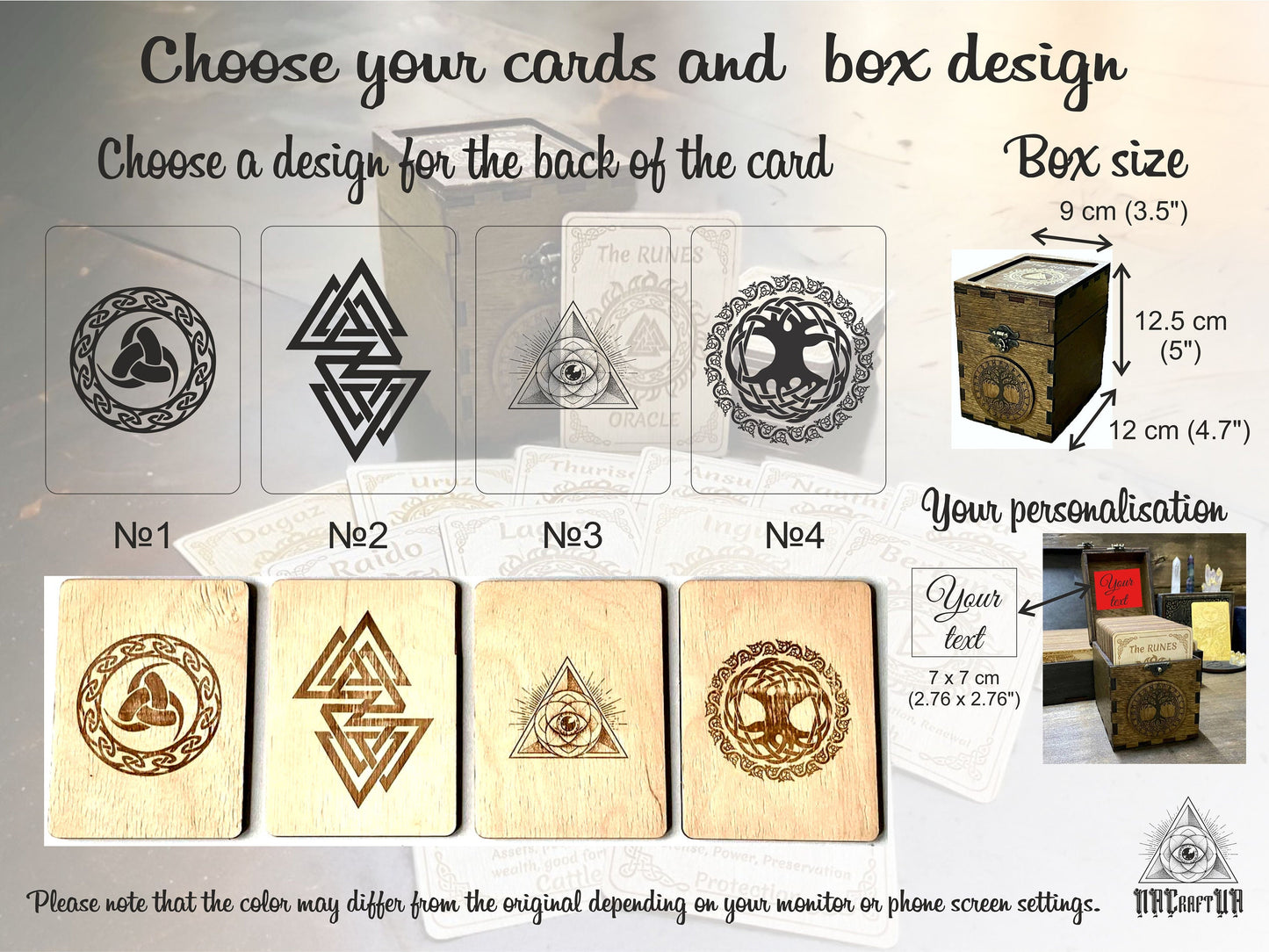 various designs of wooden boxes and cards, including geometric patterns and symbols. The text provides information about the box size and personalization options for the cards.