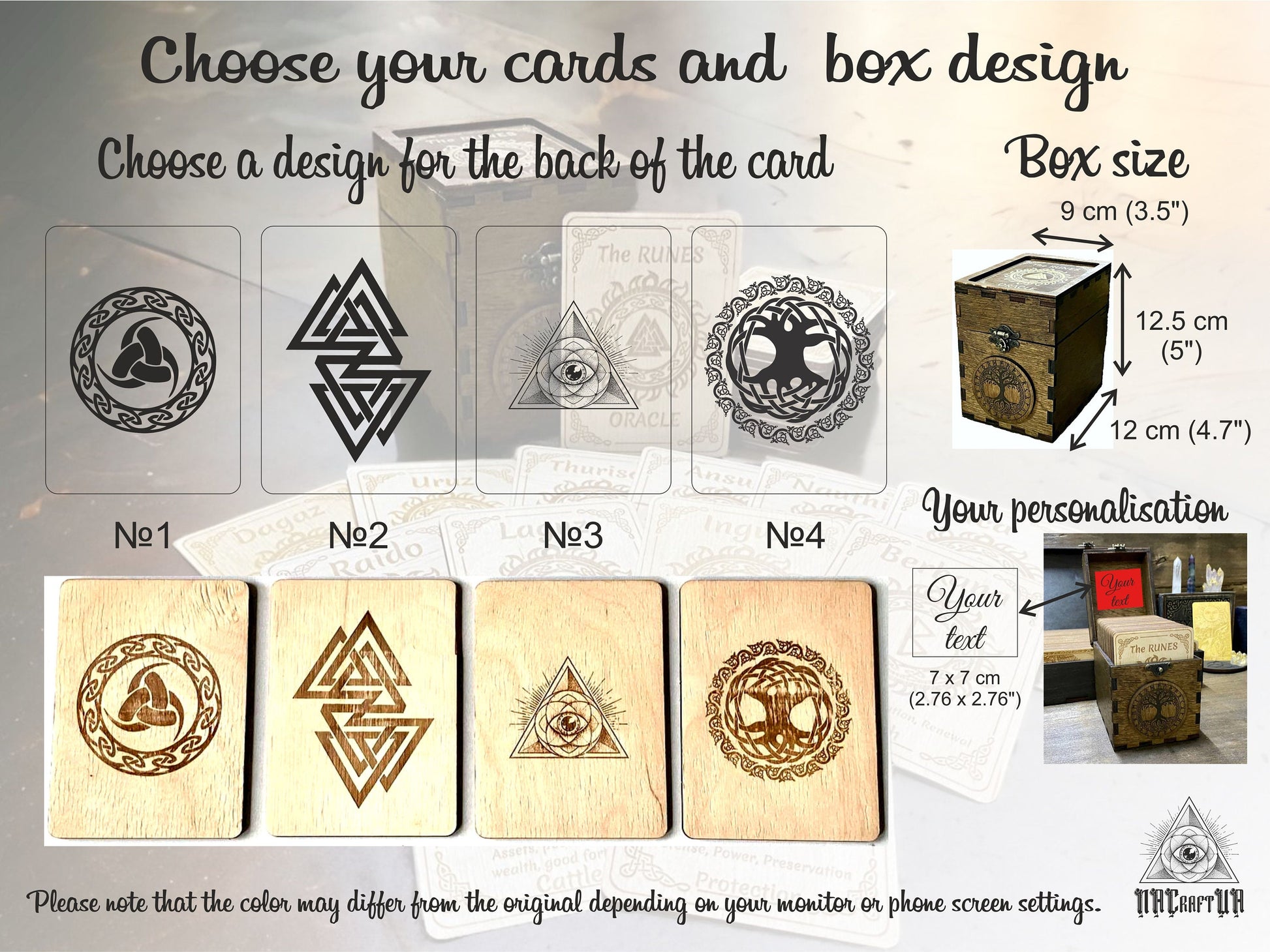 various designs of wooden boxes and cards, including geometric patterns and symbols. The text provides information about the box size and personalization options for the cards.