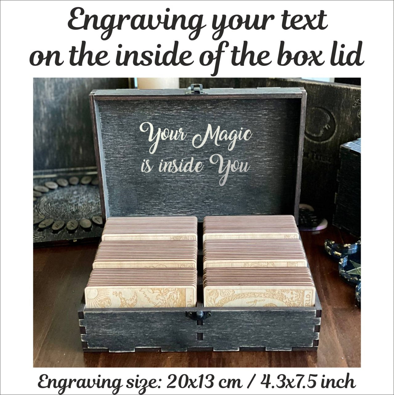 A wooden box lid with the text "Your Magic is inside You" engraved on it, along with a list of dimensions and a note about the engraving process.