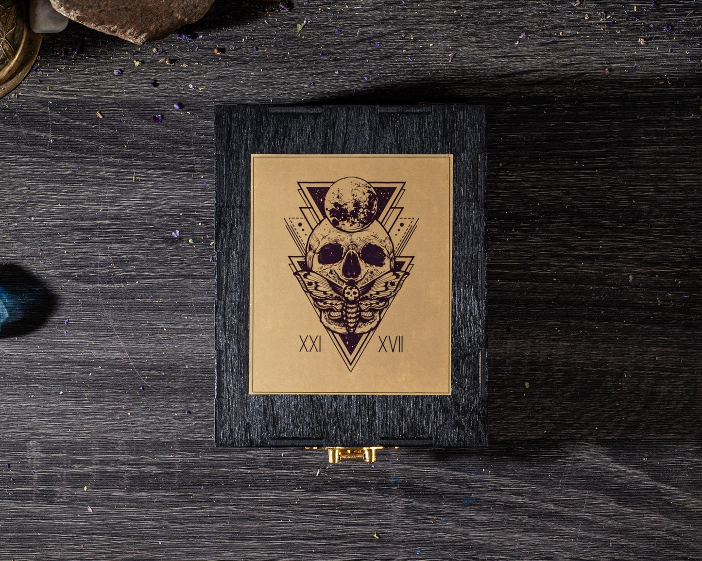 Personalized Gold & Black Wooden Tarot Card Box: Witch Altar Decor