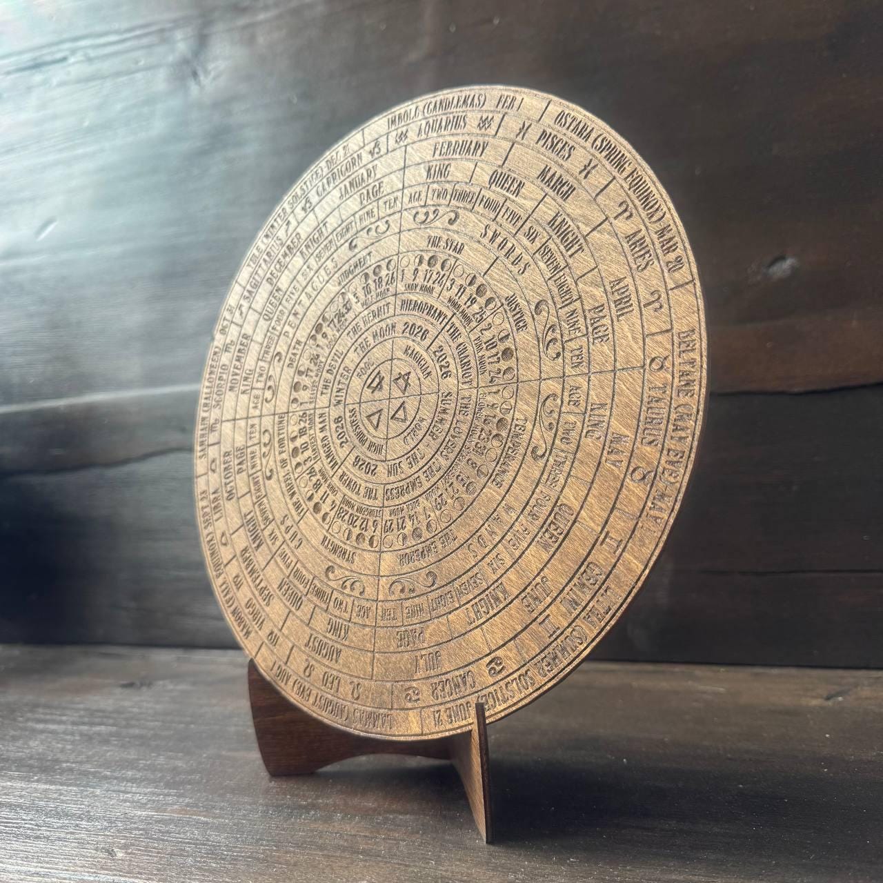 2026 Lunar Calendar Wooden Moon Wheel – Witch Altar Decor, Full Moon Phases Chart