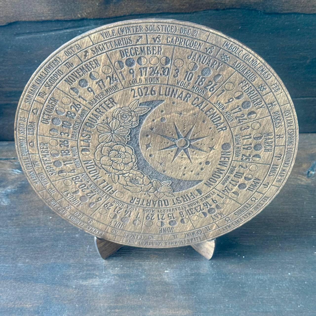 2026 Lunar Moon Phase Calendar – Floral Wood Moon Chart in Walnut Stain with Stand