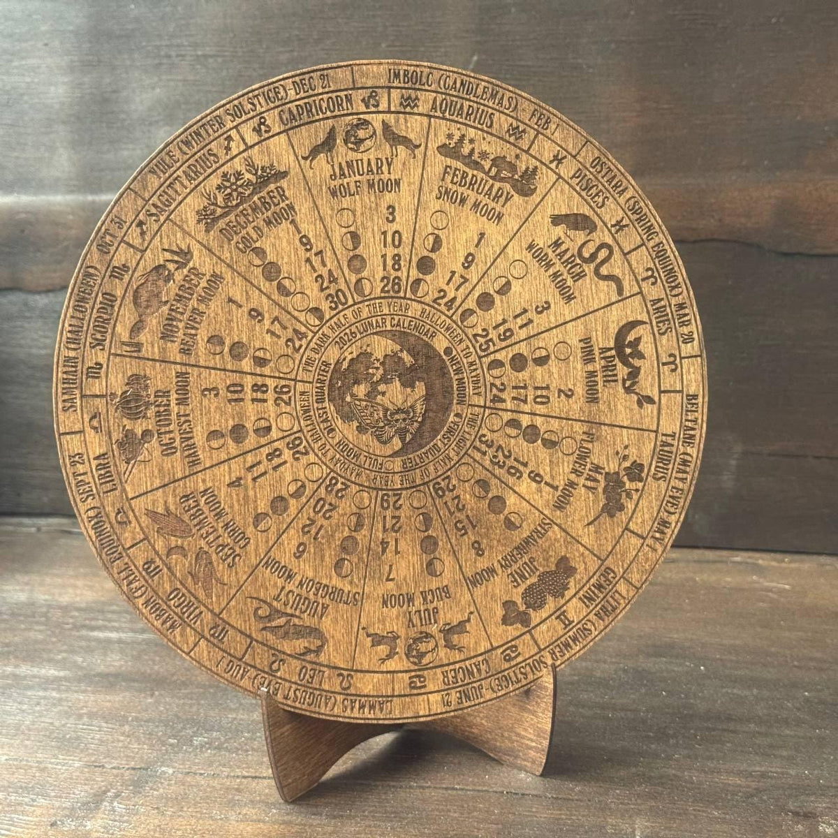 2026 Lunar Calendar Wooden Wall Art, Moon Phase Zodiac Decor for Astrology Lovers