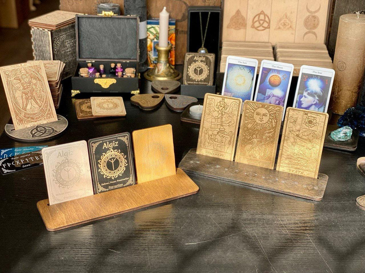 Personalized Moon Tarot Card Holder with Candle Stands, Wooden Altar Display