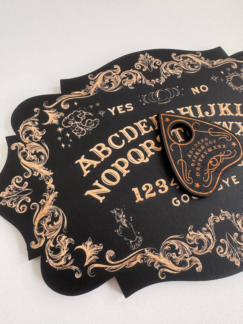 Ouija board, black wood, spirit board with planchette, gothic divination decor