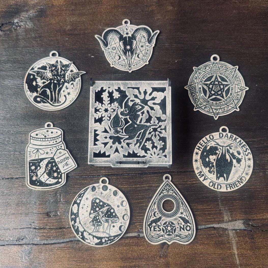 Seven Witch Ornaments in Dark Oak Gift Box for Wicca Sabbat Decor