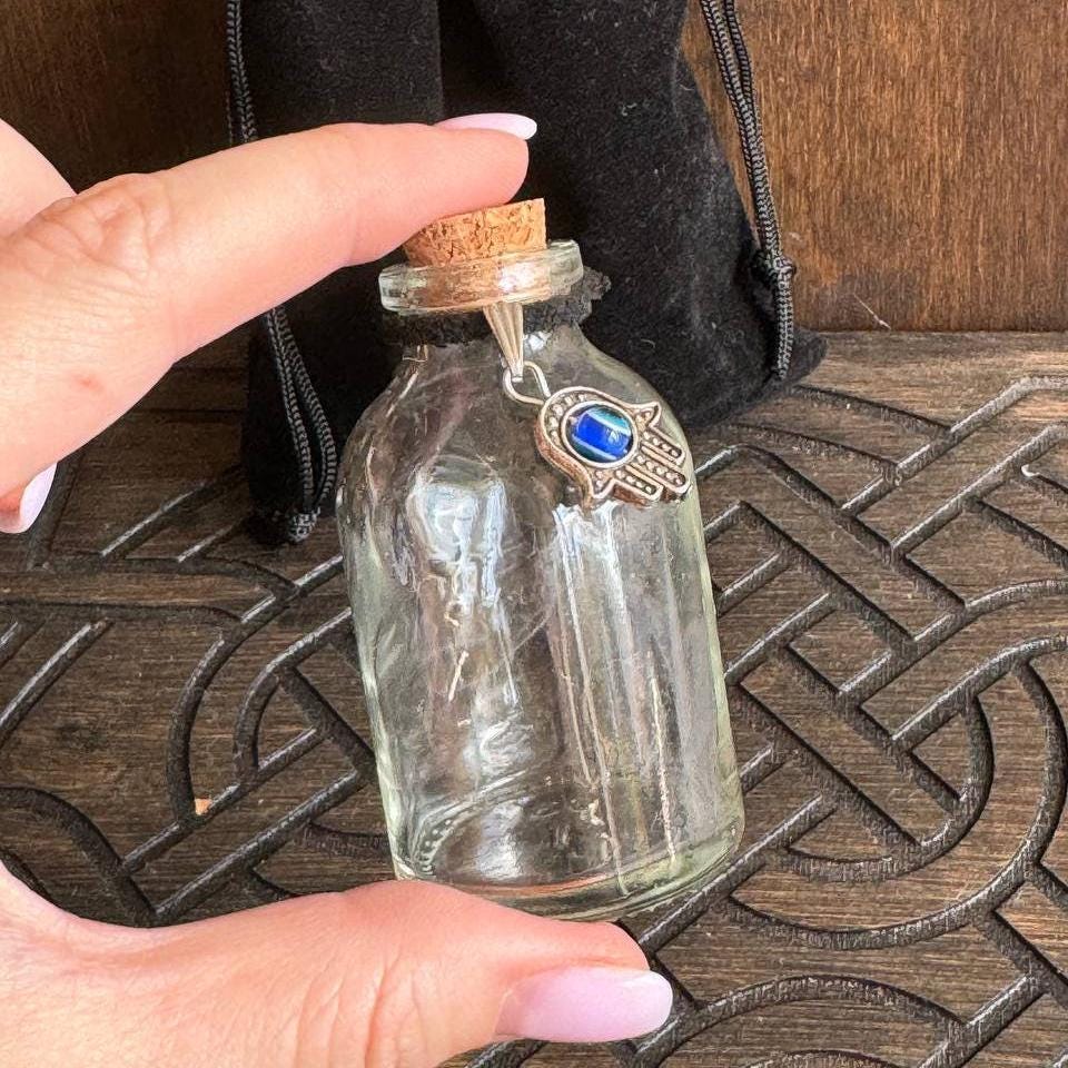 Personalized 32 ml Golden Eye Potion Bottle with Silver Hand, Witch Altar Decor