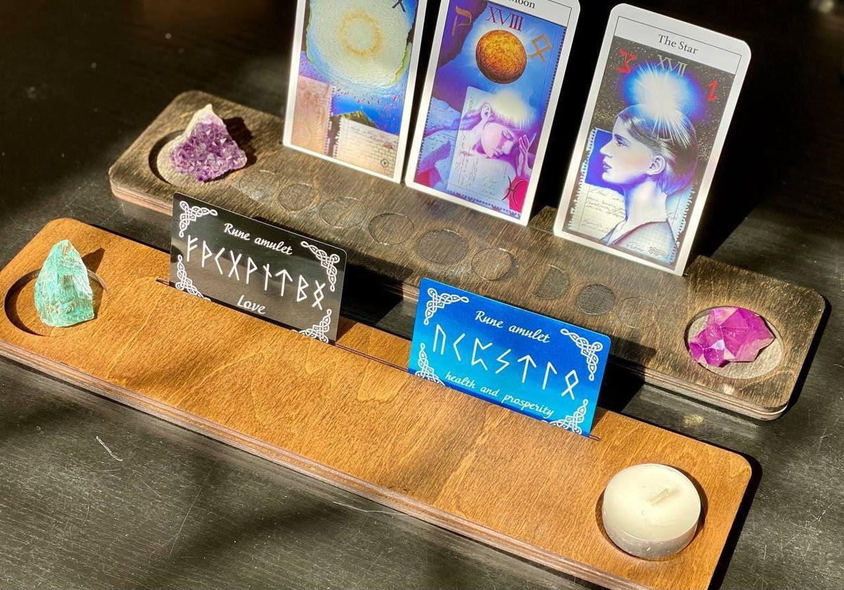 Moon Phase Tarot Stand with Candle Holders, Wooden Altar Display
